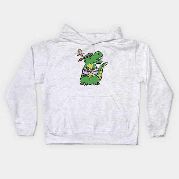 Bongo Player Tyrannosaurus Dinosaur Dino Cartoon Cute Character Kids Hoodie by Squeeb Creative